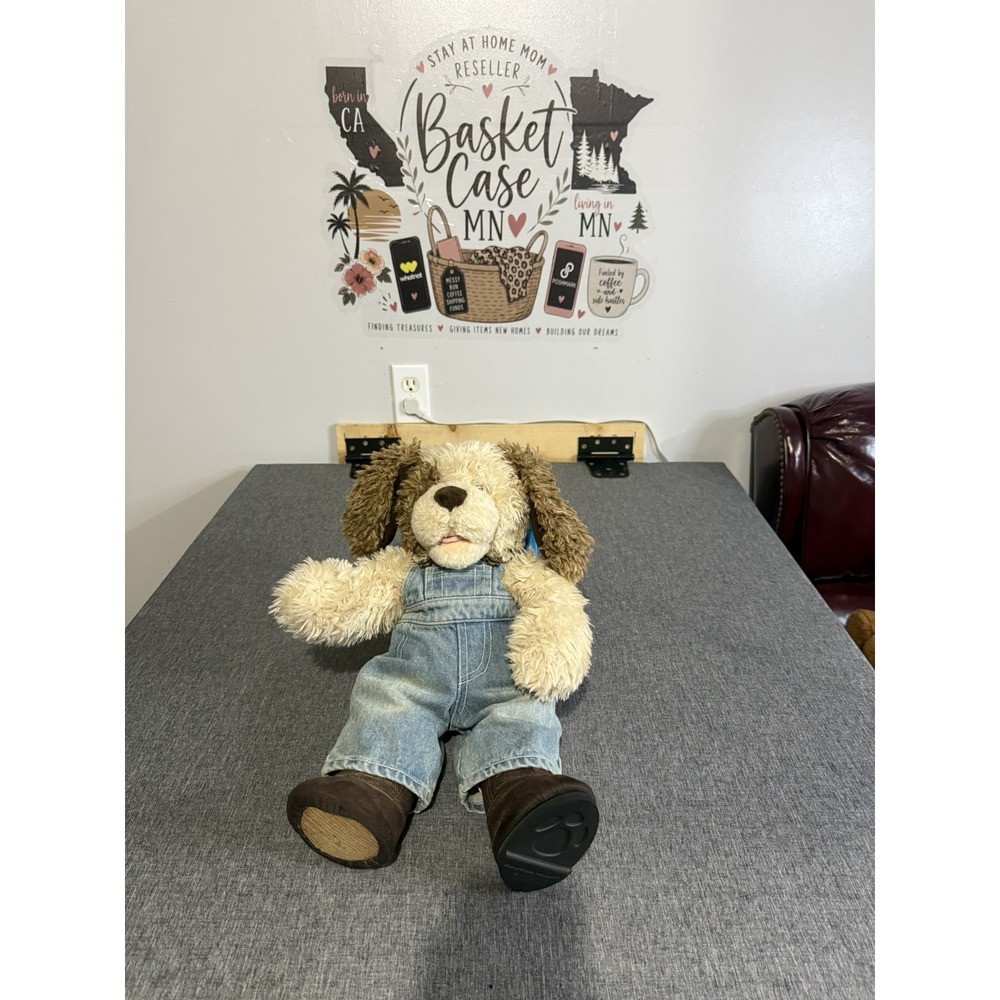 Build A Bear Workshop Shaggy Plush Dog Off White Brown Ears W/Denim Overalls